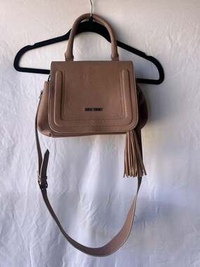 Steve Madden Taupe Pebbled Leather Tassel Crossbody Satchel
